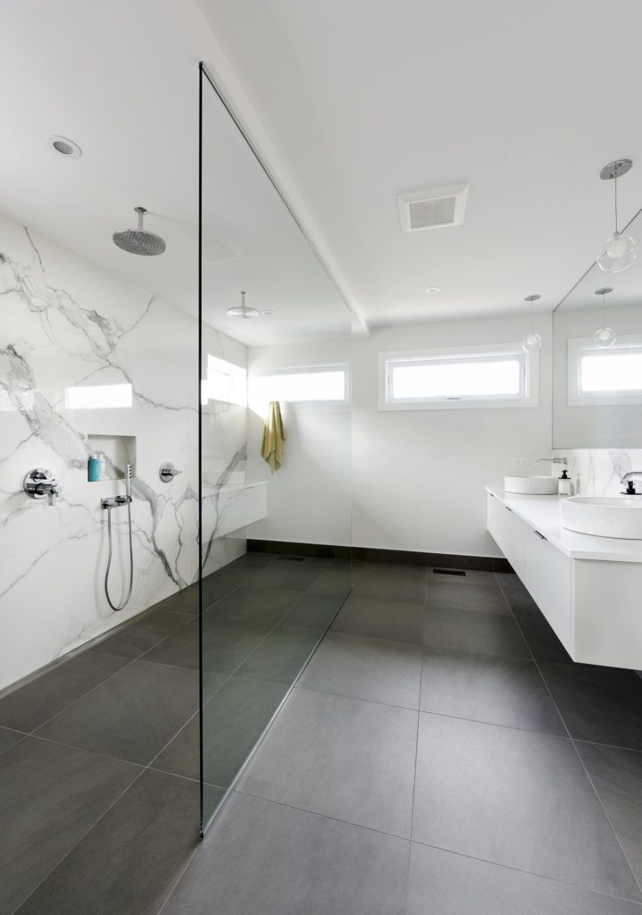 White Tile Grey Floor Bathroom Floor Roma